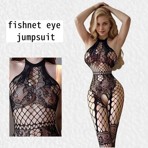 MLihuaya Women's Lace Mesh Bodysuit – One-Piece Stretchy Jumpsuit with Halter Neck, Soft Fishnet Sleepwear, Black in Saudi Arabia