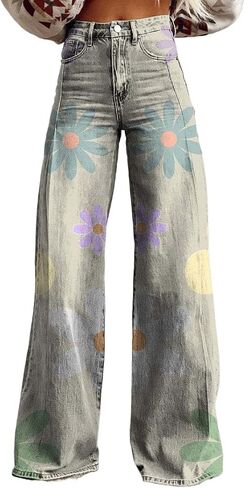 Y2K Women's Work Pants Street Hip Hop Pants Printed Wide Leg High Waist Gothic Retro Jeans with Pocket in Saudi Arabia