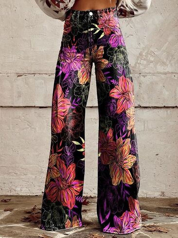 Y2K Women's Work Pants Street Hip Hop Pants Printed Wide Leg High Waist Gothic Retro Jeans with Pocket in Saudi Arabia