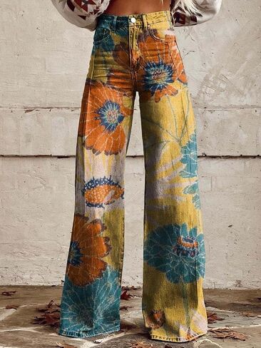 Y2K Women's Work Pants Street Hip Hop Pants Printed Wide Leg High Waist Gothic Retro Jeans with Pocket in Saudi Arabia