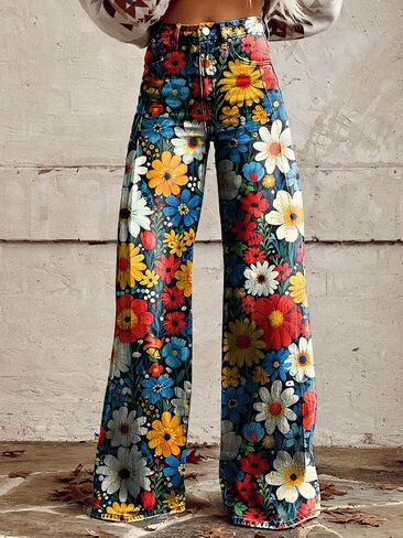 Y2K Women's Work Pants Street Hip Hop Pants Printed Wide Leg High Waist Gothic Retro Jeans with Pocket in Saudi Arabia