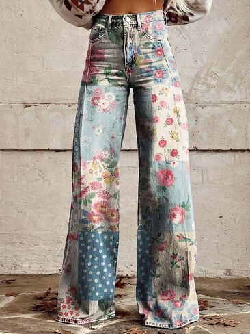 Y2K Women's Work Pants Street Hip Hop Pants Printed Wide Leg High Waist Gothic Retro Jeans with Pocket in Saudi Arabia