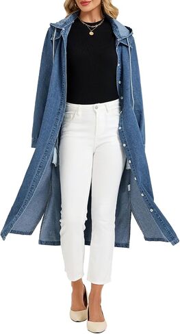 Women's Long Denim Jackets Maxi Trench Coat Jean Jacket with Drawstring Detachable Hoodie in Saudi Arabia