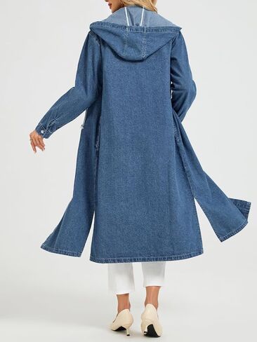 Women's Long Denim Jackets Maxi Trench Coat Jean Jacket with Drawstring Detachable Hoodie in Saudi Arabia