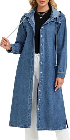 Women's Long Denim Jackets Maxi Trench Coat Jean Jacket with Drawstring Detachable Hoodie in Saudi Arabia