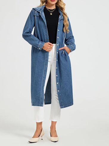 Women's Long Denim Jackets Maxi Trench Coat Jean Jacket with Drawstring Detachable Hoodie in Saudi Arabia