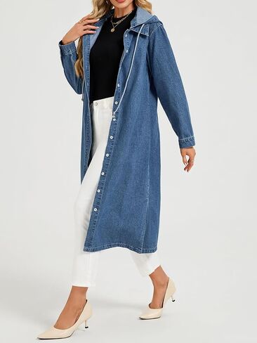 Women's Long Denim Jackets Maxi Trench Coat Jean Jacket with Drawstring Detachable Hoodie in Saudi Arabia