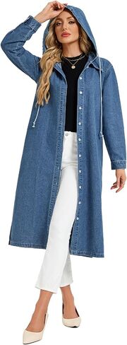 Women's Long Denim Jackets Maxi Trench Coat Jean Jacket with Drawstring Detachable Hoodie in Saudi Arabia