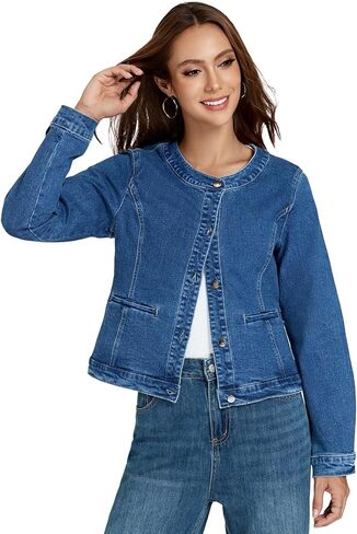 LifeShe Cropped Denim Jacket for Women Stretch Collarless Jean Jackets Slim Fall Crop Shacket Tendy in Saudi Arabia