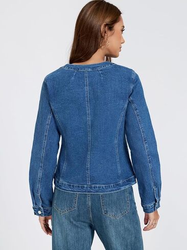LifeShe Cropped Denim Jacket for Women Stretch Collarless Jean Jackets Slim Fall Crop Shacket Tendy in Saudi Arabia