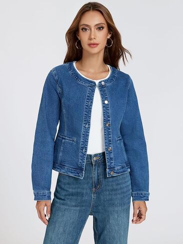 LifeShe Cropped Denim Jacket for Women Stretch Collarless Jean Jackets Slim Fall Crop Shacket Tendy in Saudi Arabia