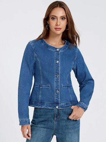 LifeShe Cropped Denim Jacket for Women Stretch Collarless Jean Jackets Slim Fall Crop Shacket Tendy in Saudi Arabia