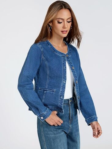 LifeShe Cropped Denim Jacket for Women Stretch Collarless Jean Jackets Slim Fall Crop Shacket Tendy in Saudi Arabia