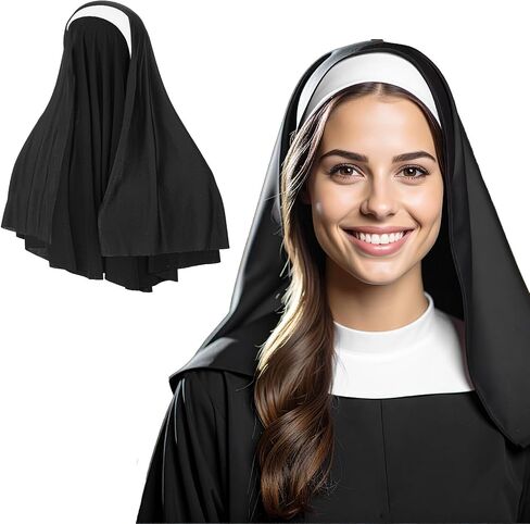 Nun Headpiece Costume, Elegant Nun Habit Cap Costume Accessory for Women, Nuns Veil Costumes for Halloween Cosplay Party, Nuns Headpiece Accessories (Black and White) in Saudi Arabia
