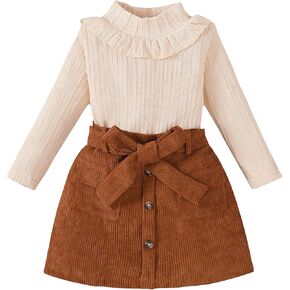 Toddler Girl Clothes Sets: Long Sleeve Ribbed Tops Button Mini Skirts Set Fall Winter Outfits for Toddler 2-7 Years in Kuwait