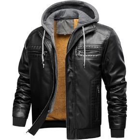 INVACHI Men's Casual Faux Leather Jacket Motorcycle Bomber Stand Collar Jacket with Removable Hood in Kuwait
