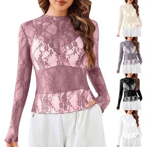 Lace Long Sleeve Tops for Women with Thumb Holes Mock Neck Sheer Blouse See Through Floral Lace Tops Going Out Shirt in Kuwait