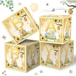 4 أجهزة كمبيوتر دب صناديق الأطفال مع رسائل لدش الطفل ديكورات دش الطفل الدب كتل مربع الجنس الكشف عن الزخارف (أصفر) in Kuwait