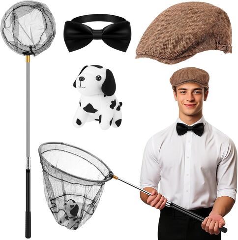 Preboun 4 Pcs Halloween Dalmatian Catcher Costume Kit Include Plush Dalmatian Dog Flat Hat Collapsible Net Black Bowtie for Adult Men Cosplay Party in Saudi Arabia