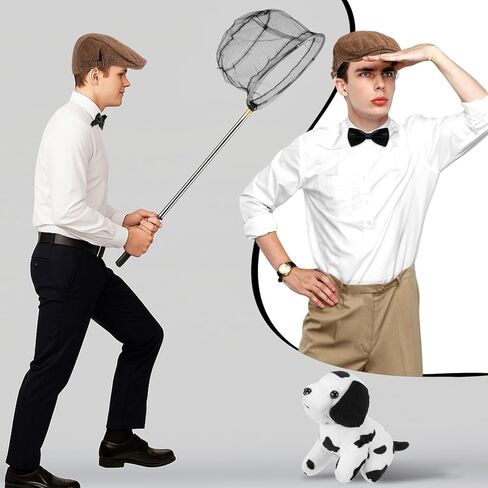 Preboun 4 Pcs Halloween Dalmatian Catcher Costume Kit Include Plush Dalmatian Dog Flat Hat Collapsible Net Black Bowtie for Adult Men Cosplay Party in Saudi Arabia