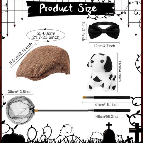 Preboun 4 Pcs Halloween Dalmatian Catcher Costume Kit Include Plush Dalmatian Dog Flat Hat Collapsible Net Black Bowtie for Adult Men Cosplay Party in Saudi Arabia