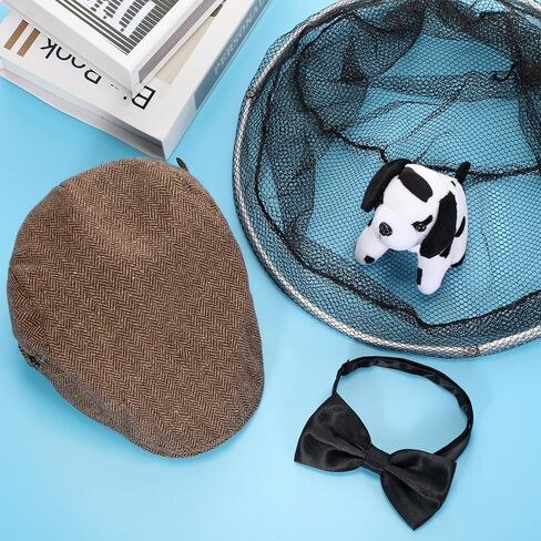 Preboun 4 Pcs Halloween Dalmatian Catcher Costume Kit Include Plush Dalmatian Dog Flat Hat Collapsible Net Black Bowtie for Adult Men Cosplay Party in Saudi Arabia