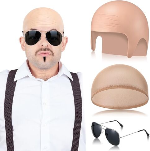 Mepase Bald Caps with Glasses Nylon Makeup Latex Bald Head Wig Cap for Men Women Adults Cosplay Party Costume Accessories in Saudi Arabia
