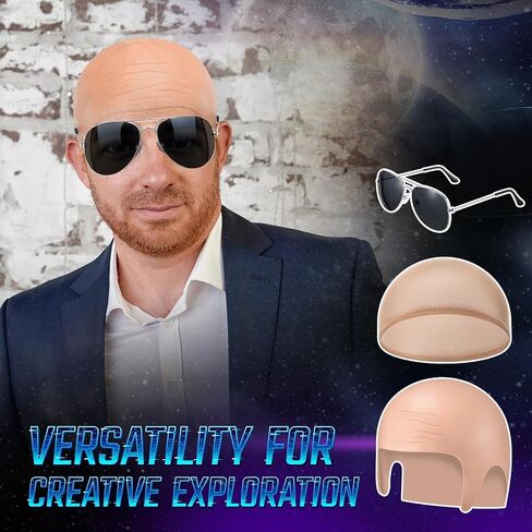 Mepase Bald Caps with Glasses Nylon Makeup Latex Bald Head Wig Cap for Men Women Adults Cosplay Party Costume Accessories in Saudi Arabia