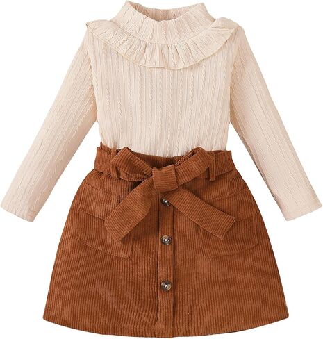 Toddler Girl Clothes Sets: Long Sleeve Ribbed Tops Button Mini Skirts Set Fall Winter Outfits for Toddler 2-7 Years in Kuwait