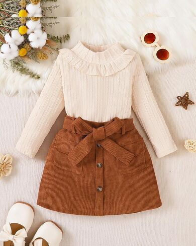 Toddler Girl Clothes Sets: Long Sleeve Ribbed Tops Button Mini Skirts Set Fall Winter Outfits for Toddler 2-7 Years in Kuwait