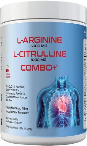 Combo+ L-Arginine 5000mg & l-citrulline 1000mg مزيج مشروب ، الكرز ، الفيتامينات B12 ، C ، D3 ، توراين ، CoQ10 ، جذر البنجر ، 30 حصص ، أكسيد النيتريك وملحق دعم القلب والأوعية الدموية 390 جم in Kuwait