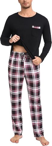 Sykooria Men's Pajamas Set Long Sleeve Cotton Plaid Loungewear Cozy Striped Sleepwear with Pockets 2 Piece Comfy Pjs Set in Saudi Arabia