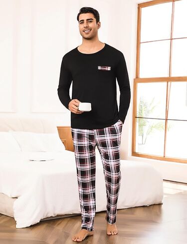 Sykooria Men's Pajamas Set Long Sleeve Cotton Plaid Loungewear Cozy Striped Sleepwear with Pockets 2 Piece Comfy Pjs Set in Saudi Arabia