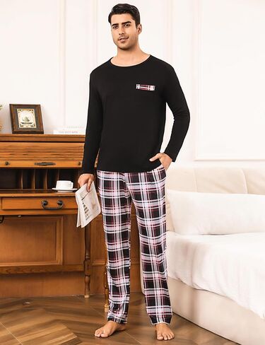 Sykooria Men's Pajamas Set Long Sleeve Cotton Plaid Loungewear Cozy Striped Sleepwear with Pockets 2 Piece Comfy Pjs Set in Saudi Arabia