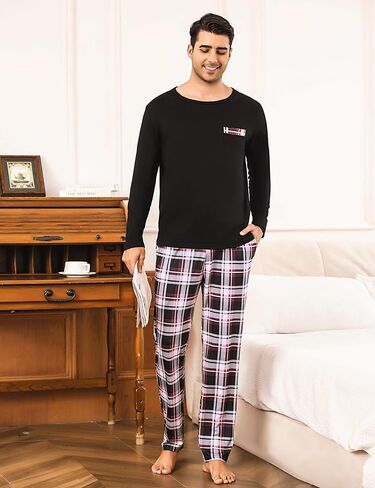 Sykooria Men's Pajamas Set Long Sleeve Cotton Plaid Loungewear Cozy Striped Sleepwear with Pockets 2 Piece Comfy Pjs Set in Saudi Arabia