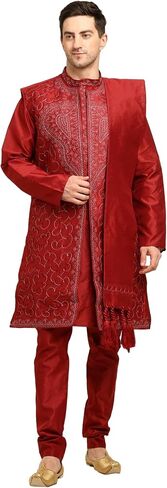 Men's 4-Piece Art Silk Kurta Pajama Set with Embroidered Jacket & Dupatta – Wedding & Festive Wear in Saudi Arabia