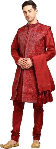 Men's 4-Piece Art Silk Kurta Pajama Set with Embroidered Jacket & Dupatta – Wedding & Festive Wear in Saudi Arabia
