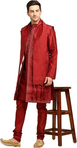 Men's 4-Piece Art Silk Kurta Pajama Set with Embroidered Jacket & Dupatta – Wedding & Festive Wear in Saudi Arabia