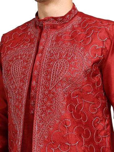 Men's 4-Piece Art Silk Kurta Pajama Set with Embroidered Jacket & Dupatta – Wedding & Festive Wear in Saudi Arabia