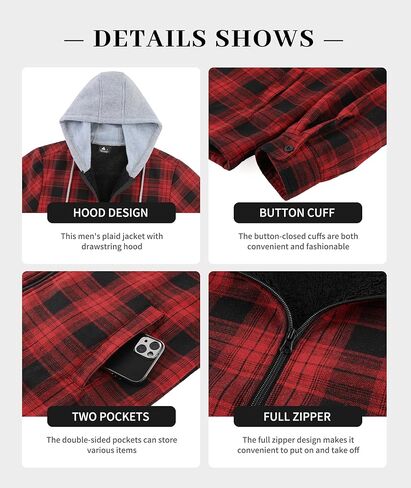 ZITY Men's Flannel Plaid Jacket Warm Sherpa Lined Fleece Hoodies for men Zip Up Thick Winter Coat With Pocket in Saudi Arabia