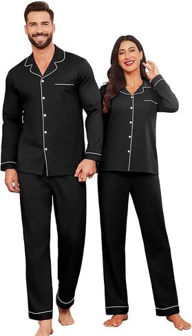 Ekouaer Couple Matching Pajamas 100% Cotton Long Sleeve Sleepwear Button Down Loungewear Pjs Set S-XXL in Saudi Arabia