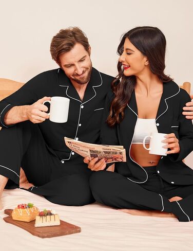 Ekouaer Couple Matching Pajamas 100% Cotton Long Sleeve Sleepwear Button Down Loungewear Pjs Set S-XXL in Saudi Arabia