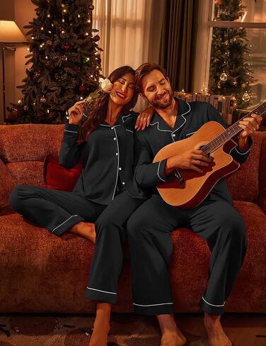 Ekouaer Couple Matching Pajamas 100% Cotton Long Sleeve Sleepwear Button Down Loungewear Pjs Set S-XXL in Saudi Arabia