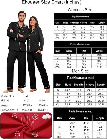 Ekouaer Couple Matching Pajamas 100% Cotton Long Sleeve Sleepwear Button Down Loungewear Pjs Set S-XXL in Saudi Arabia