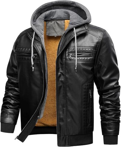 INVACHI Men's Casual Faux Leather Jacket Motorcycle Bomber Stand Collar Jacket with Removable Hood in Kuwait