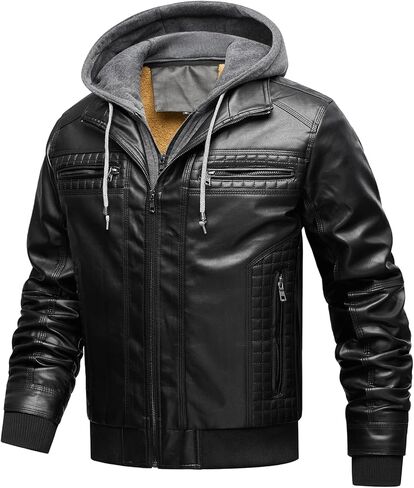 INVACHI Men's Casual Faux Leather Jacket Motorcycle Bomber Stand Collar Jacket with Removable Hood in Kuwait