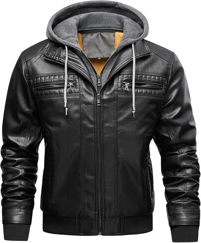 INVACHI Men's Casual Faux Leather Jacket Motorcycle Bomber Stand Collar Jacket with Removable Hood in Kuwait