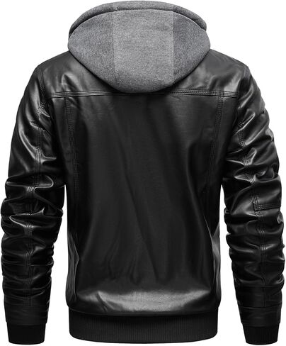 INVACHI Men's Casual Faux Leather Jacket Motorcycle Bomber Stand Collar Jacket with Removable Hood in Kuwait