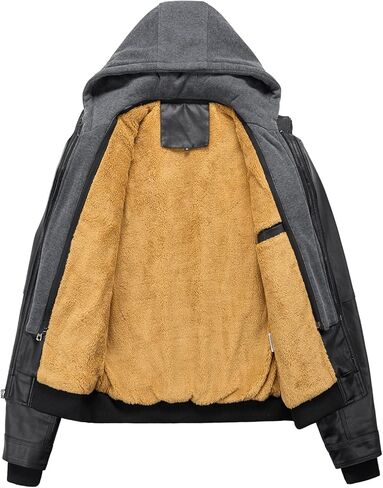 INVACHI Men's Casual Faux Leather Jacket Motorcycle Bomber Stand Collar Jacket with Removable Hood in Kuwait