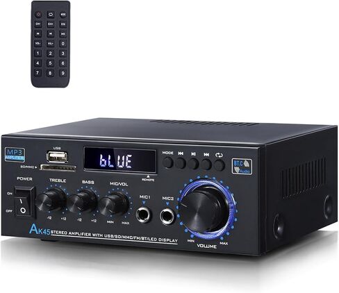 AK55 مضخم صوت ستيريو بلوتوث 5.0 HiFi مضخم طاقة 2 قناة 70 وات × 2 مضخم صوت صغير 12 فولت مضخم رقمي صوت منزلي RCA، راديو FM، USB، SD، ميكروفون لمكبرات صوت المسرح المنزلي in Saudi Arabia